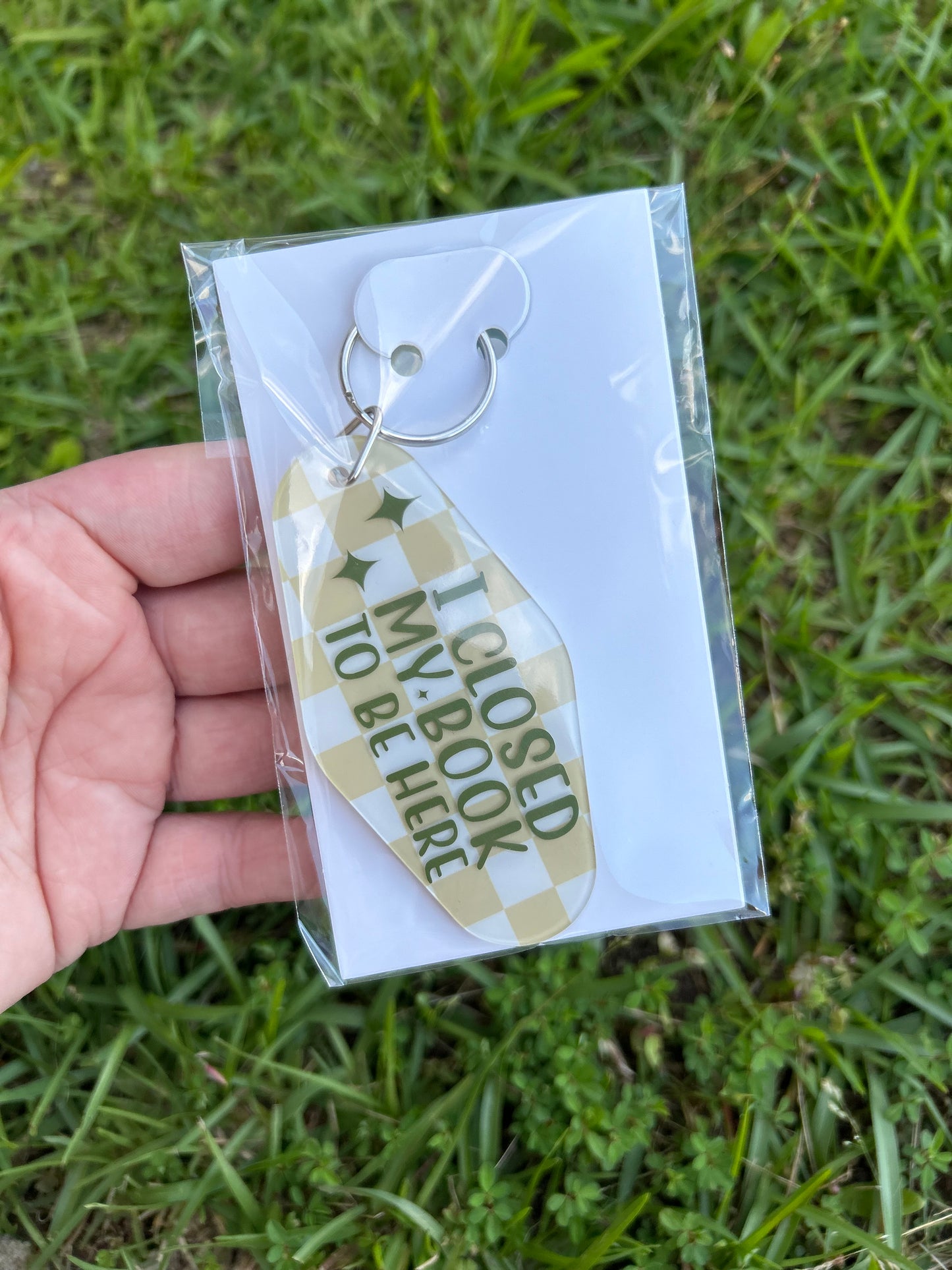 I Closed my book to be here Keychain - checkered and green