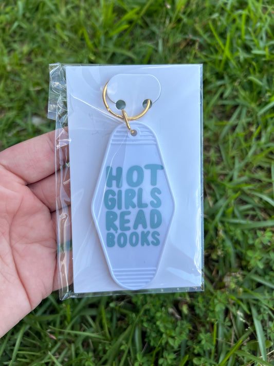 Hot girls read books keychain - white and blue