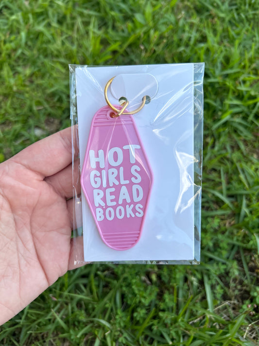 Hot girls read books keychain - pink and white