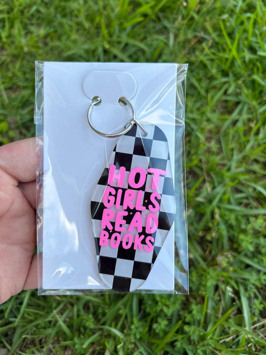 Hot girls read books keychain - pink and checkered
