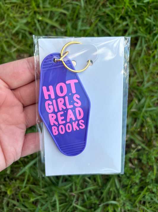 Hot girls read books keychain - pink and purple